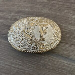 Initial Letter F Vintage Crumrine Monogram Large Vintage Floral Belt Buckle